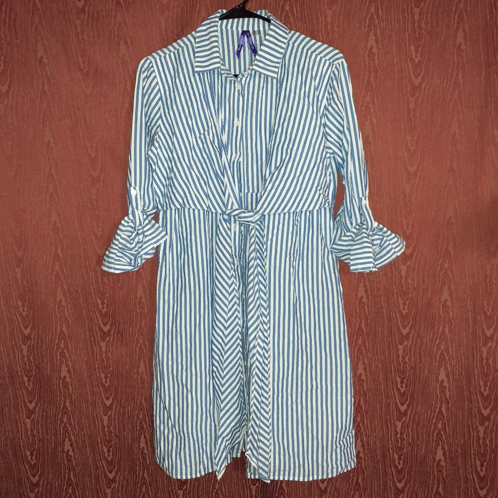 SERAPHINA BUTTON DOWN DRESS SHIRT WOMEN'S SIZE 4 BLUE/WHITE 3/4 SLEEVE NWOT